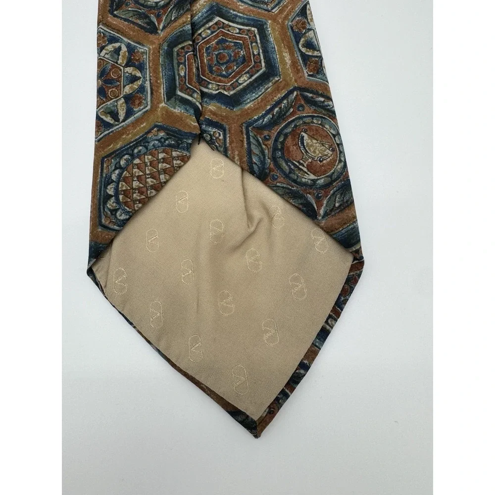 Vintage Valentino Silk Tie Geometric Medallion Brown Blue Necktie‎ Made in Italy